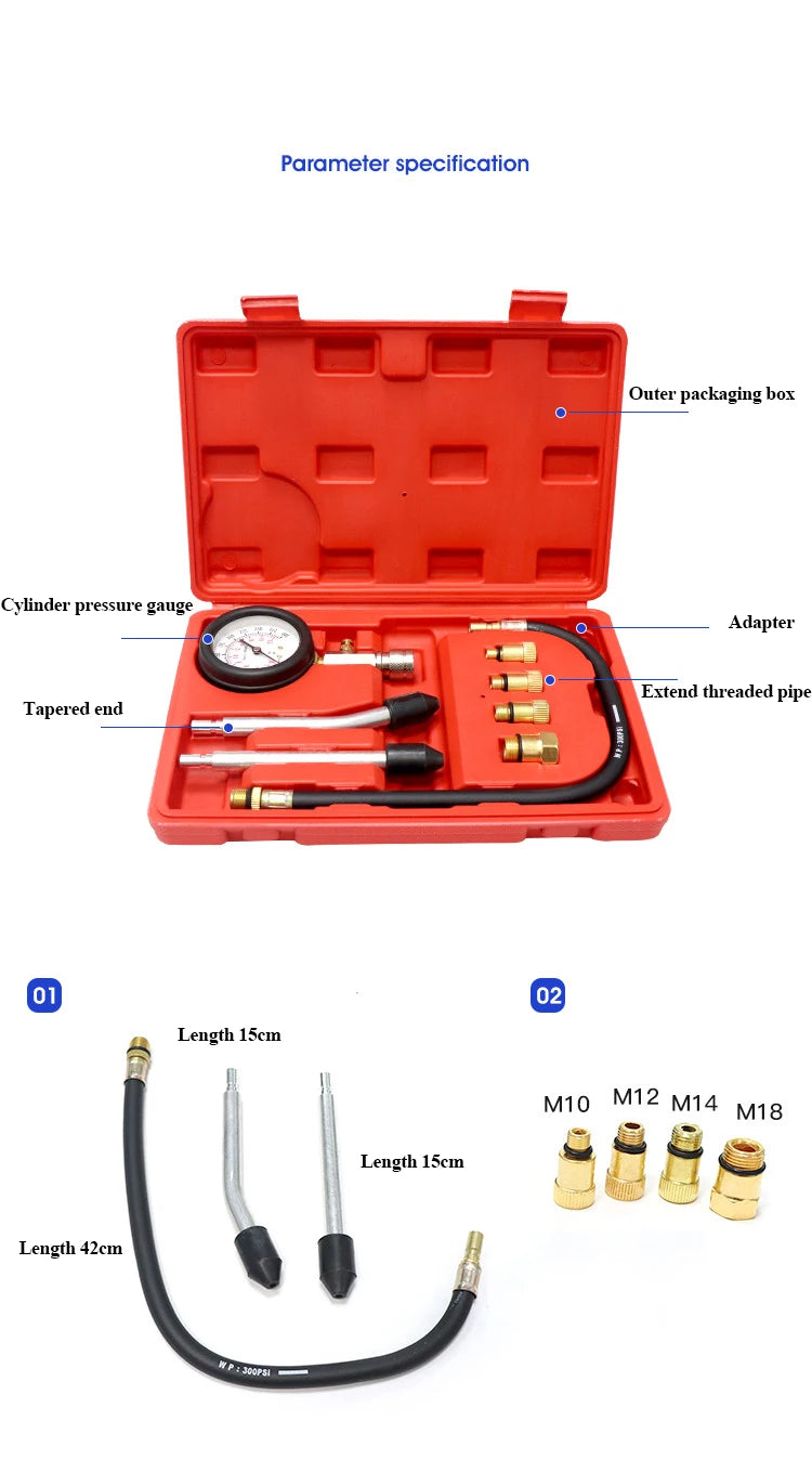 Engine Cylinder Compressions Tester Kit 0-300PSI With M10 M12 M14 M18